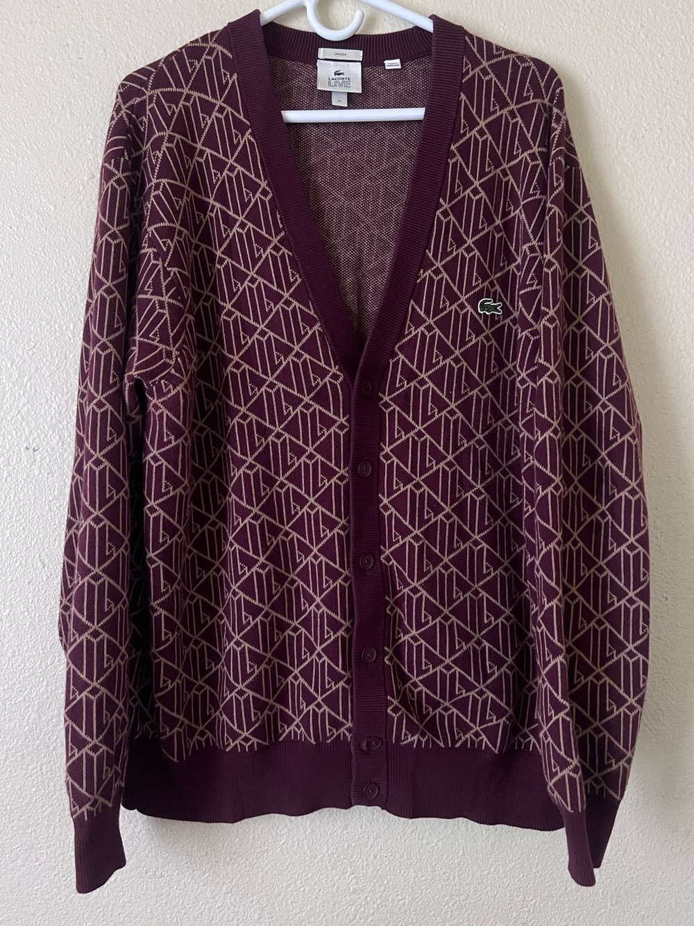 Lacoste Live Geometric Pattern Cardigan in Burgundy and Beige